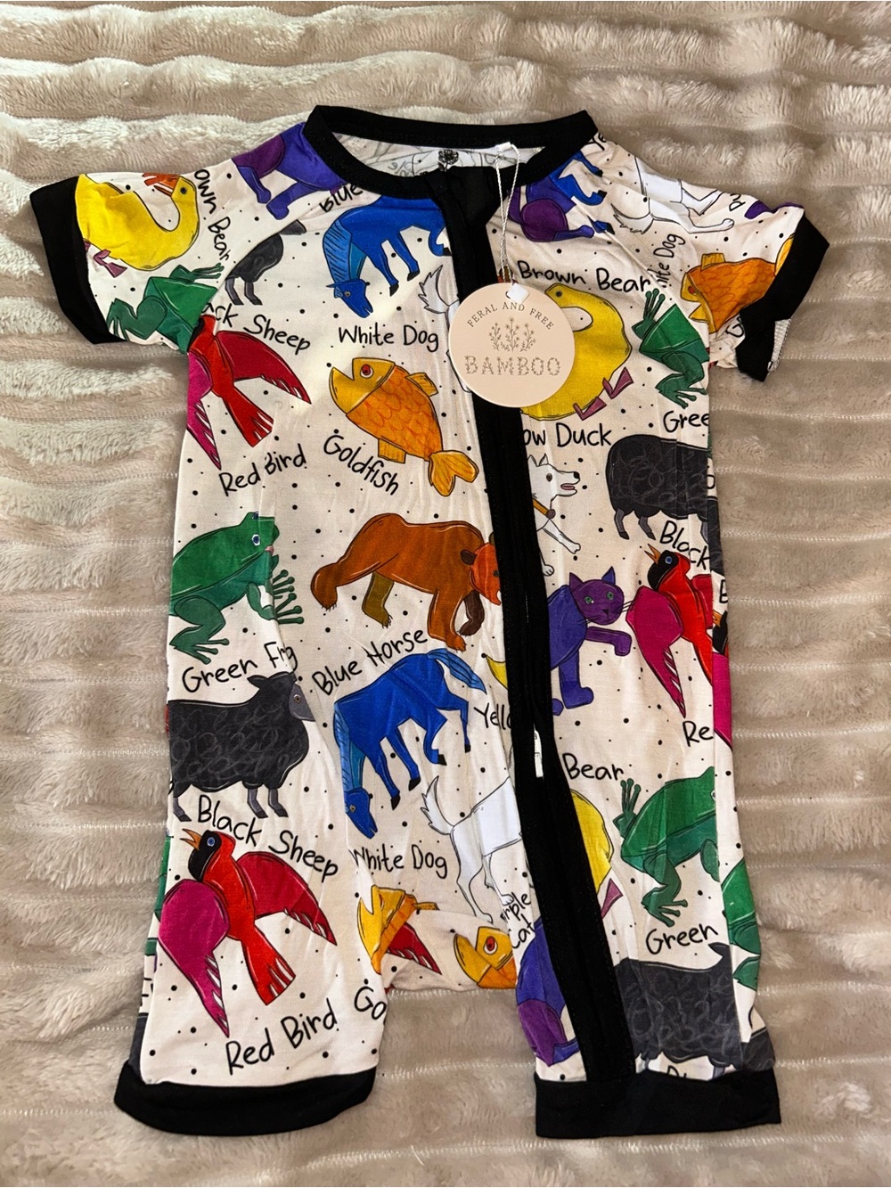 BAMBOO Multicolor Animal Print Zip Romper with Black Trim